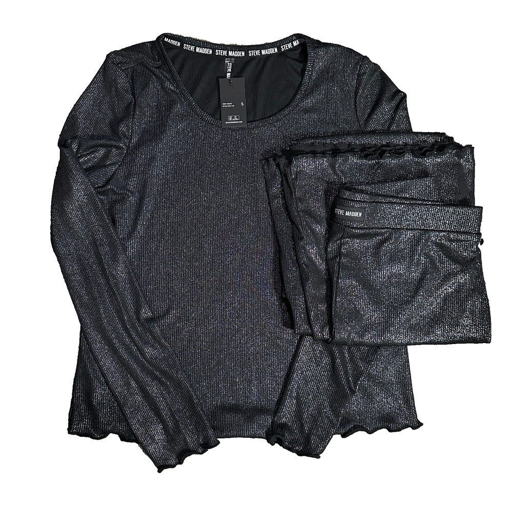 NWT Steve Madden Women's Pajama Set Black Shimmer Long Sleeve & Flare Leg size S